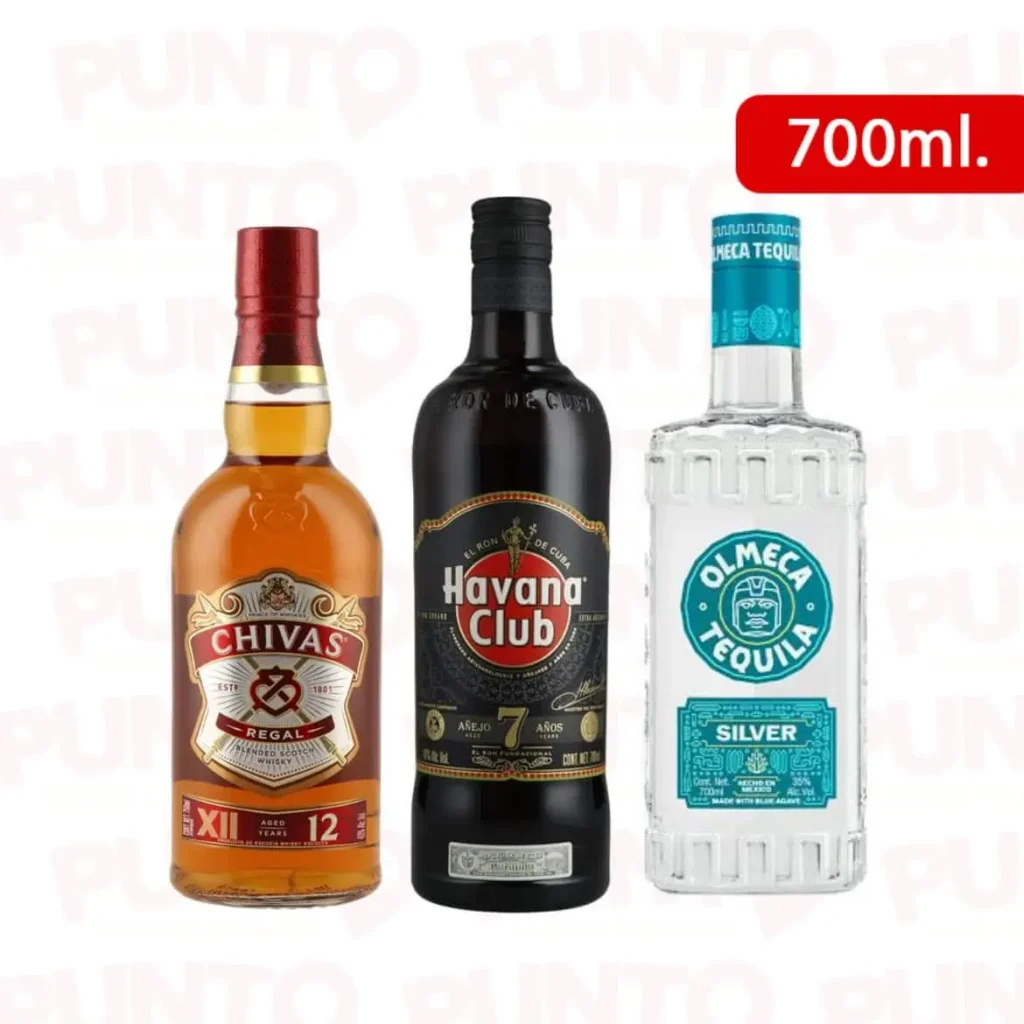 3 PACK WHISKY CHIVAS REGAL 12 AÑOS + RON HABANA CLUB 7AÑOS + TEQUILA OLMECA SILVER